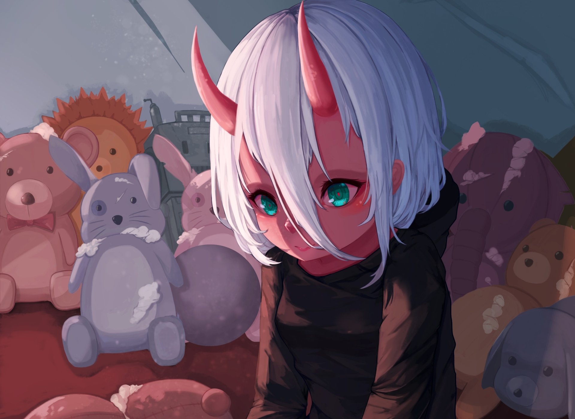 Anime HD desktop wallpaper featuring Zero Two from Darling in the FranXX with striking green eyes and red horns, surrounded by plush toys in a dimly lit room.