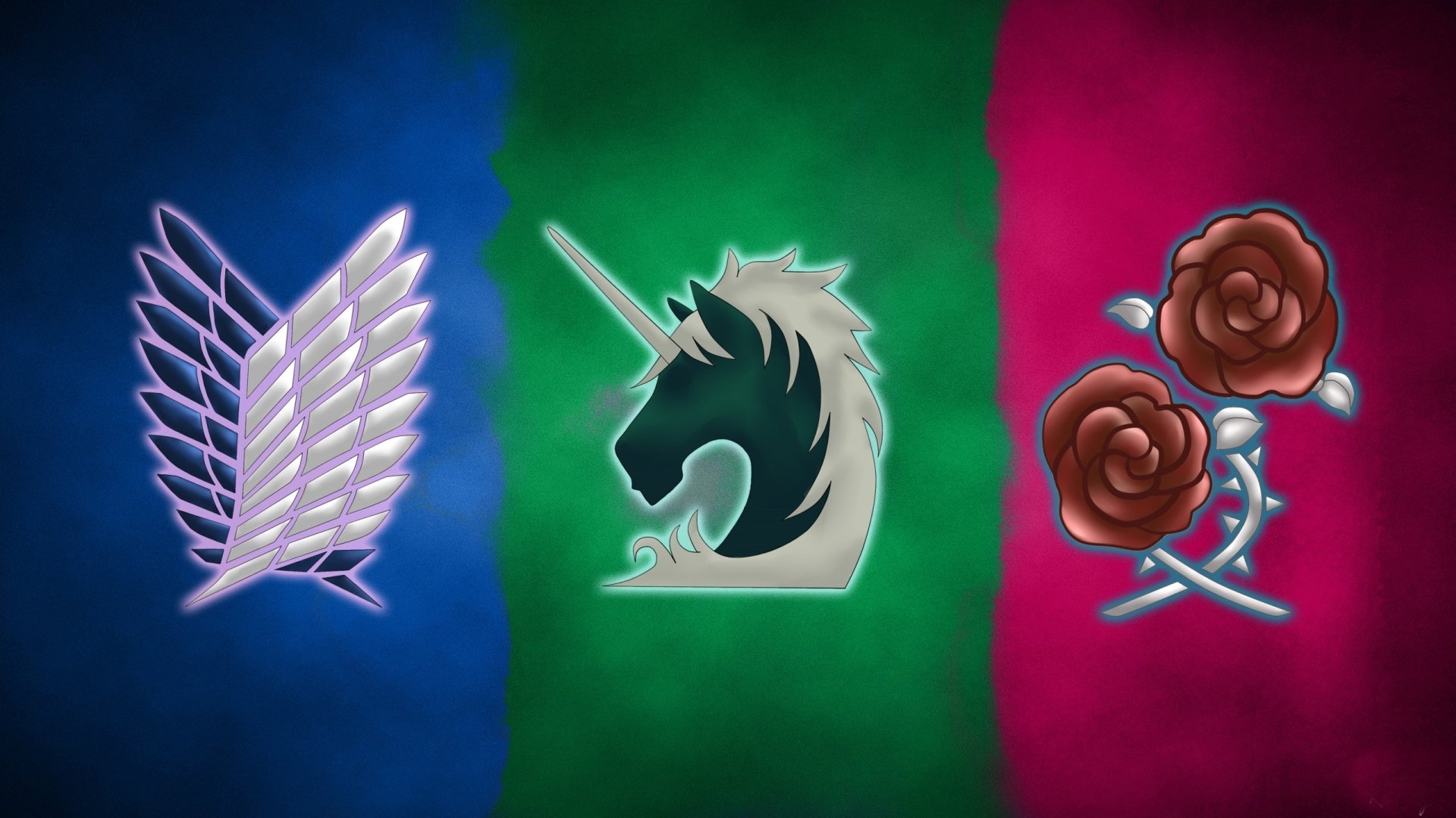 HD anime desktop wallpaper featuring the Scouting Legion wings, a unicorn emblem, and stylized flowers against a blue, green, and red background from Attack on Titan.
