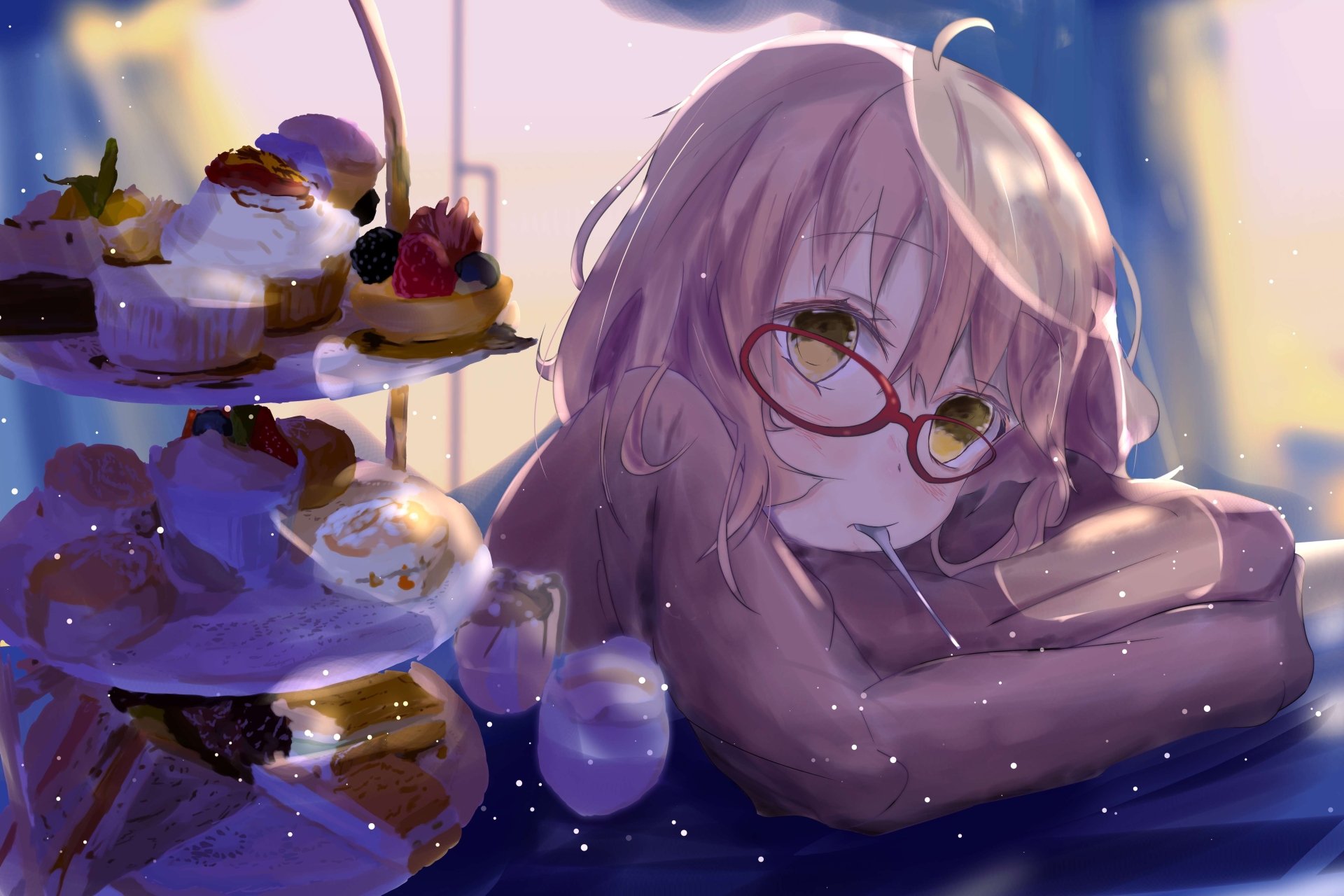 4K Ultra HD anime wallpaper featuring Mirai Kuriyama from Beyond the Boundary, resting at a table with desserts and a glass of milk in warm, soft lighting.