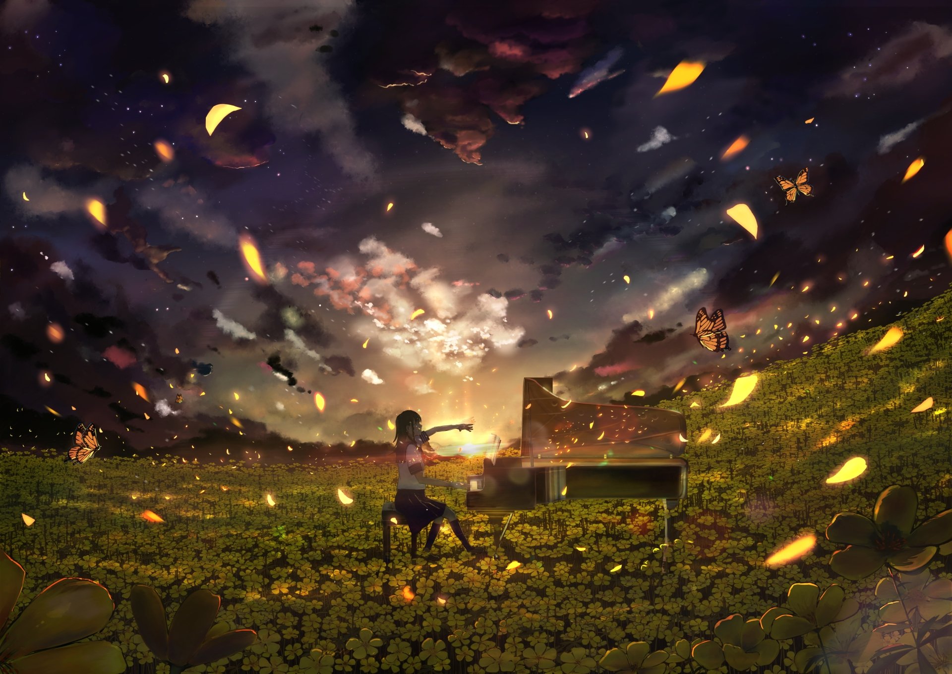 An anime schoolgirl in a school uniform plays a piano amidst a field of flowers and butterflies at sunset, capturing the evening's beauty in an HD desktop wallpaper.