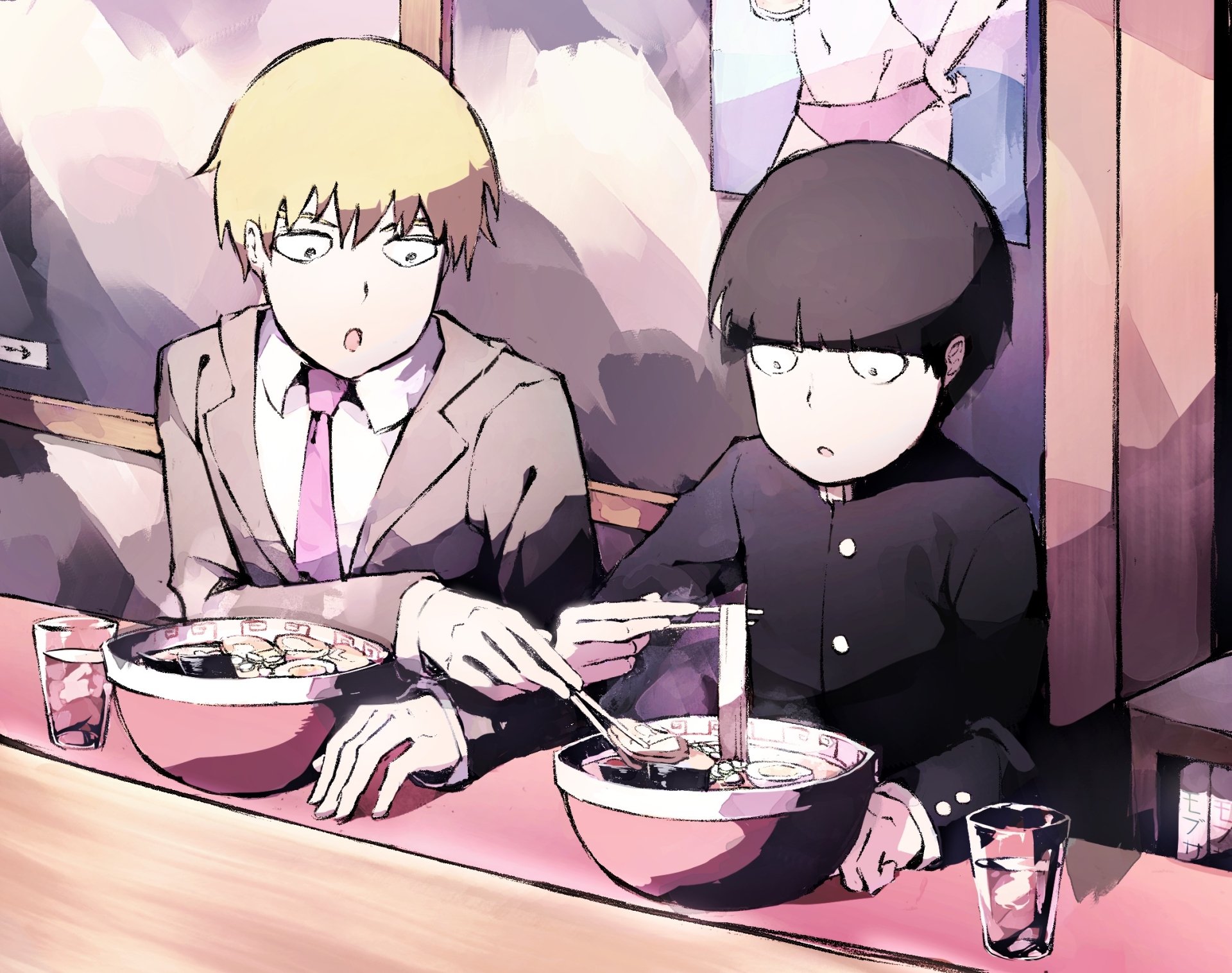 HD anime desktop wallpaper featuring Shigeo Kageyama and Arataka Reigen from Mob Psycho 100 enjoying a meal together in a casual setting.