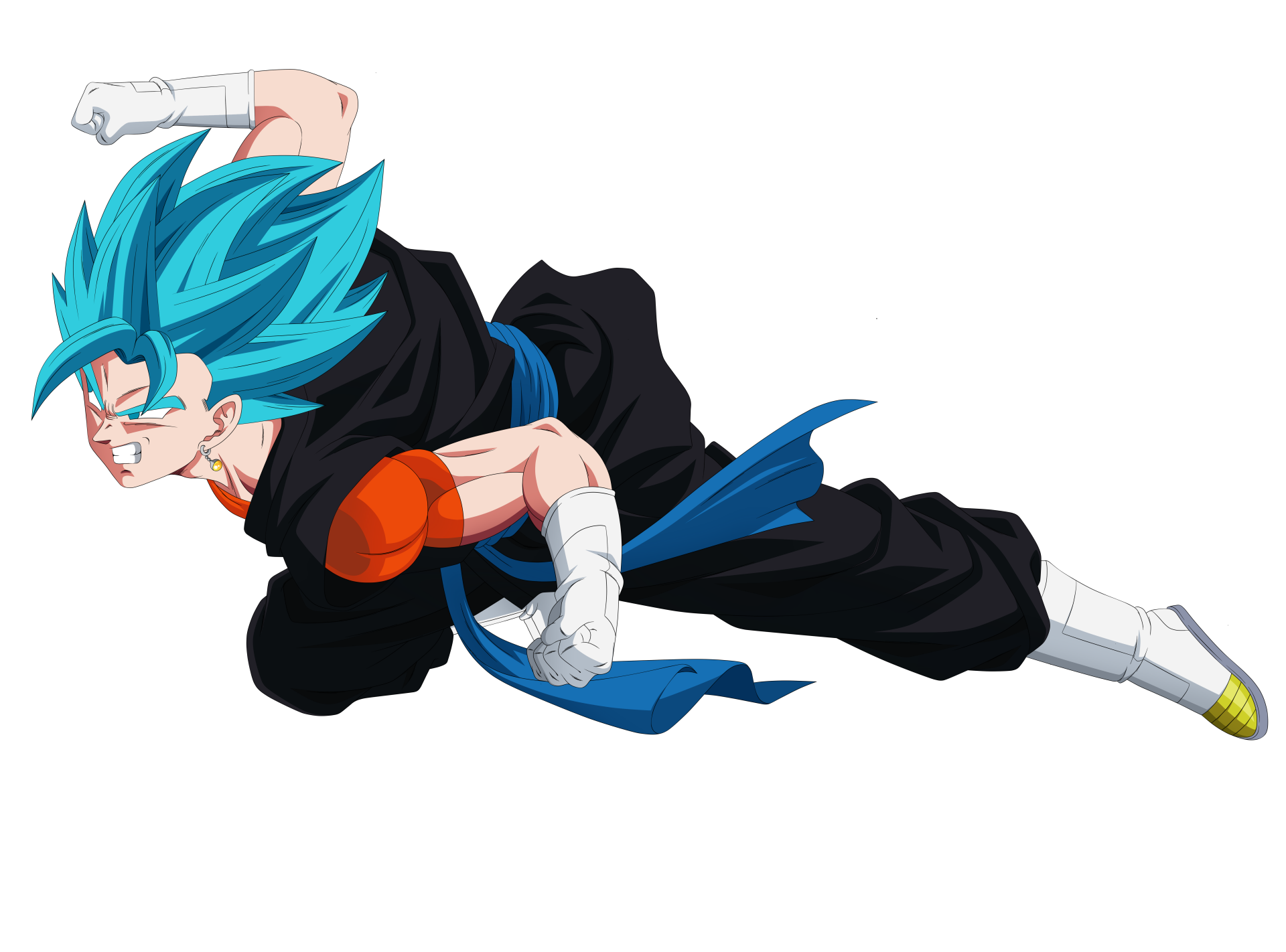 Super Saiyan Blue Vegito (Dragon Ball) from Super Dragon Ball Heroes, charging forward with a blue aura and motion blur — 5K Ultra HD anime PC desktop wallpaper.