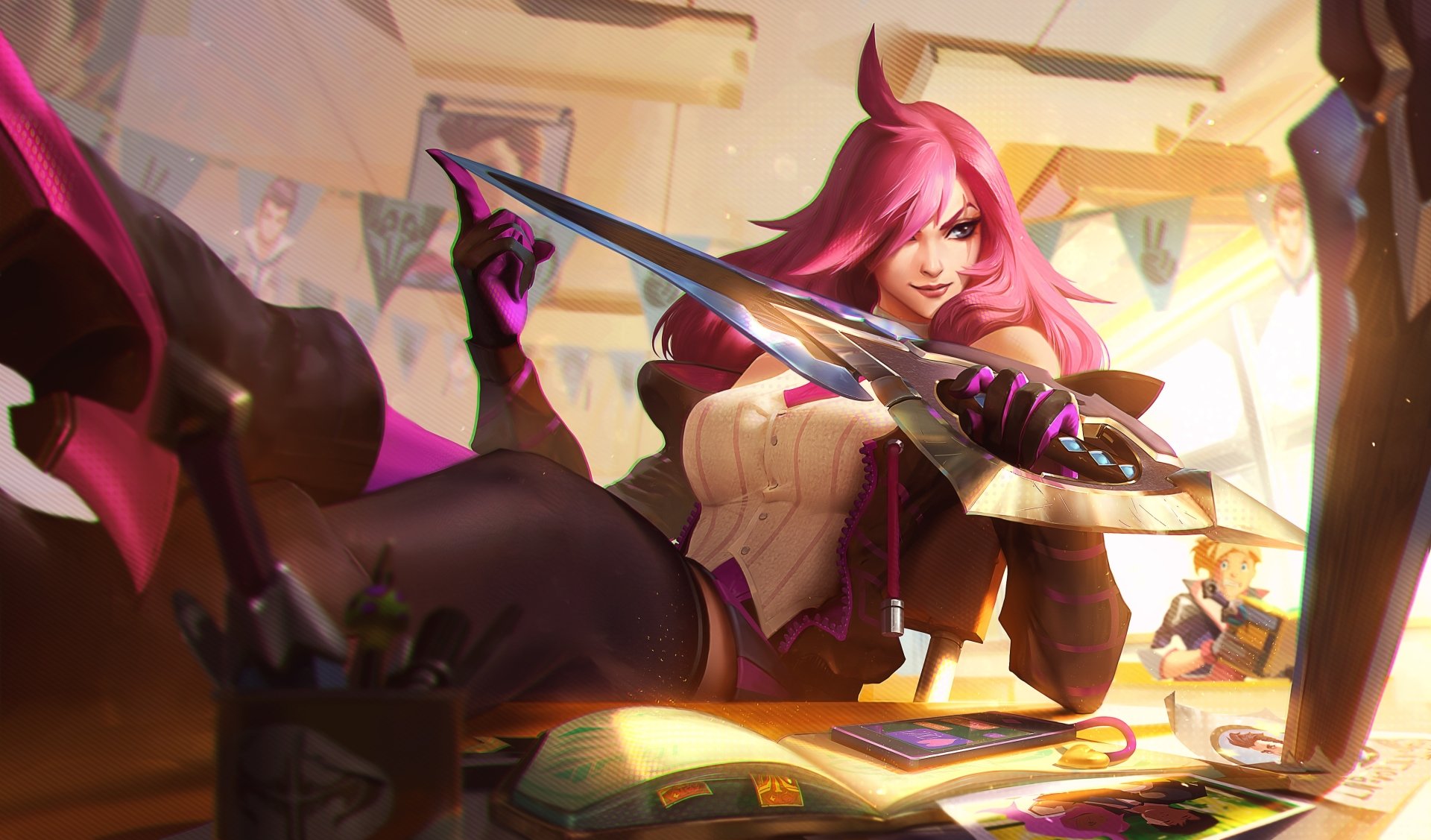 A vibrant 4K Ultra HD wallpaper featuring a woman warrior with pink hair, inspired by Katarina from League of Legends, wielding a sword in a dynamic pose amidst a colorful background.