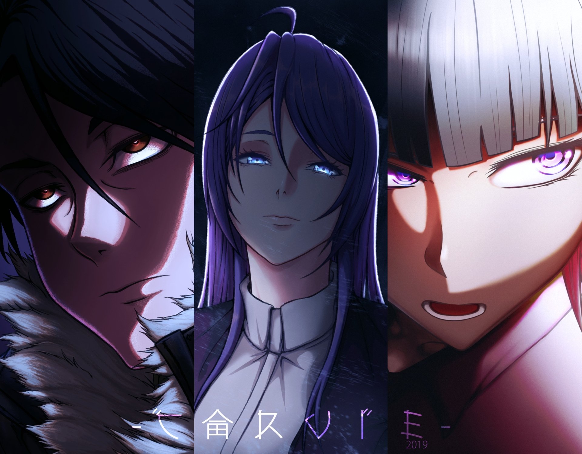 Download Black Hair Grey Hair Brown Eyes Blue Eyes Purple Eyes Purple Hair Anime Original HD Wallpaper by cÅrvie-kun