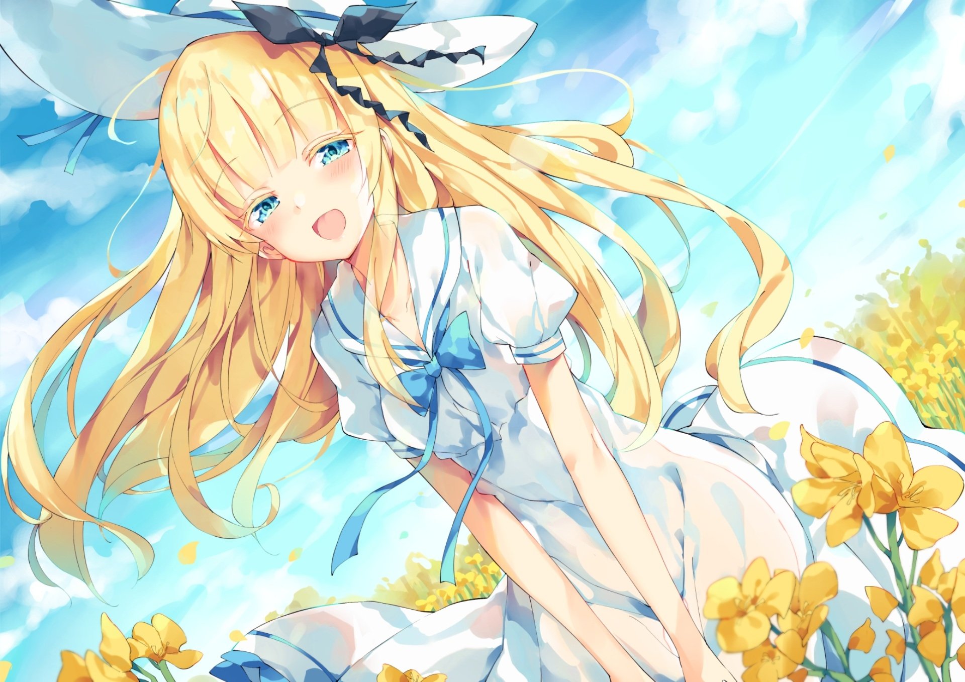 Anime-style HD desktop wallpaper featuring Juliet Persia from Kishuku Gakkou No Juliet with blonde hair, blue eyes, wearing a dress surrounded by yellow flowers.