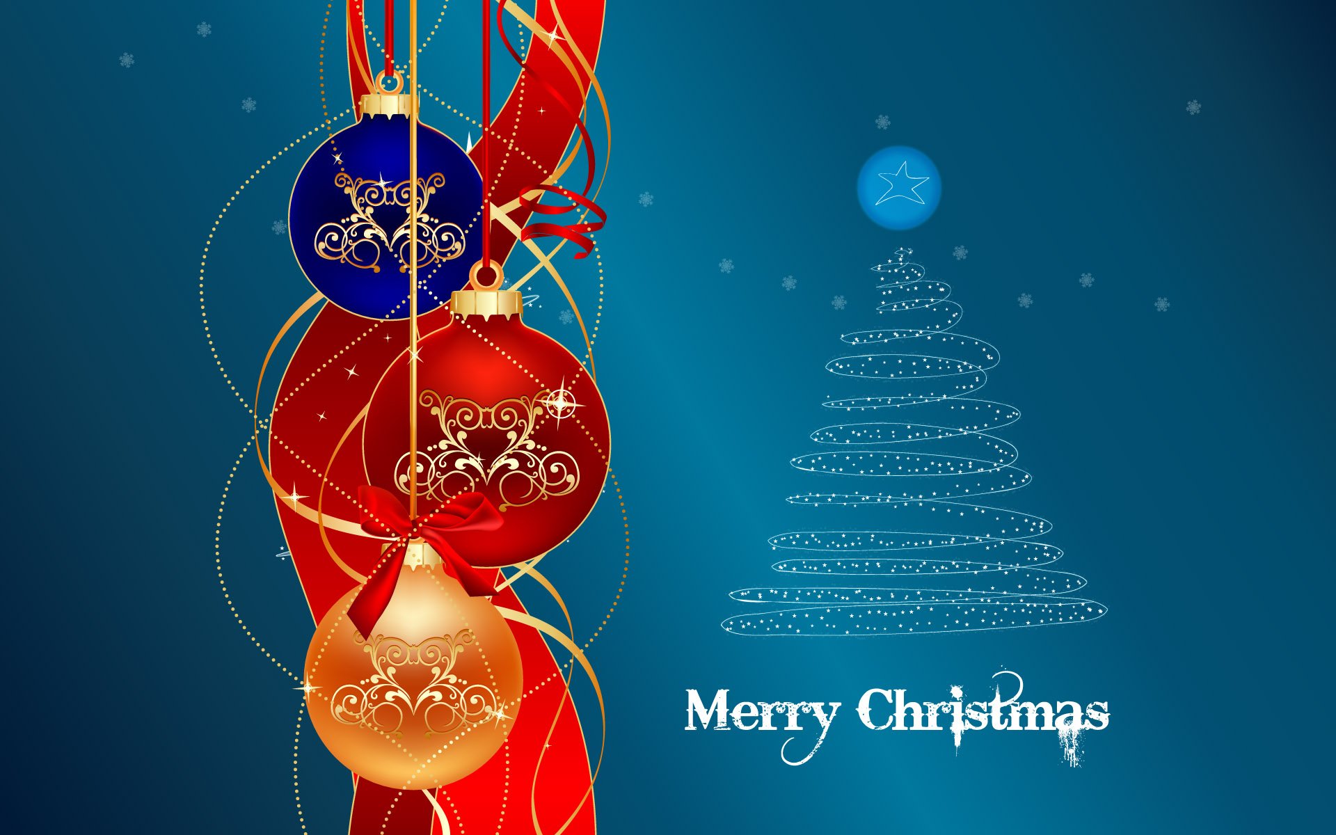 HD Christmas desktop wallpaper featuring decorated red, blue, and gold ornaments alongside a stylized Christmas tree and the greeting Merry Christmas on a blue background.