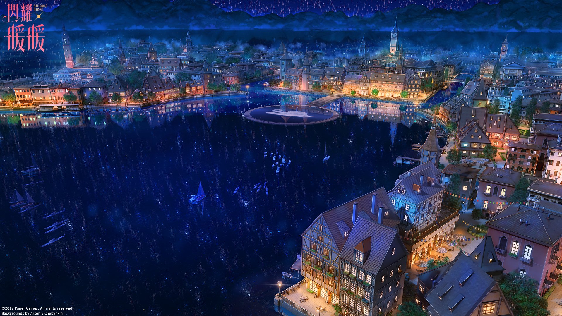 HD anime cityscape at night featuring a serene lake with boats, illuminated buildings, and vibrant reflections, creating a captivating desktop wallpaper scene.
