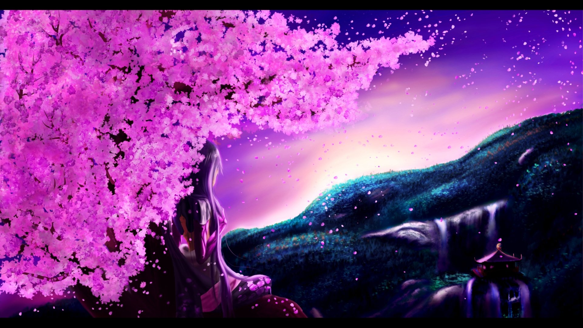 Anime-style fantasy HD desktop wallpaper depicting a serene scene with a character under vibrant sakura cherry blossoms against a glowing natural landscape.