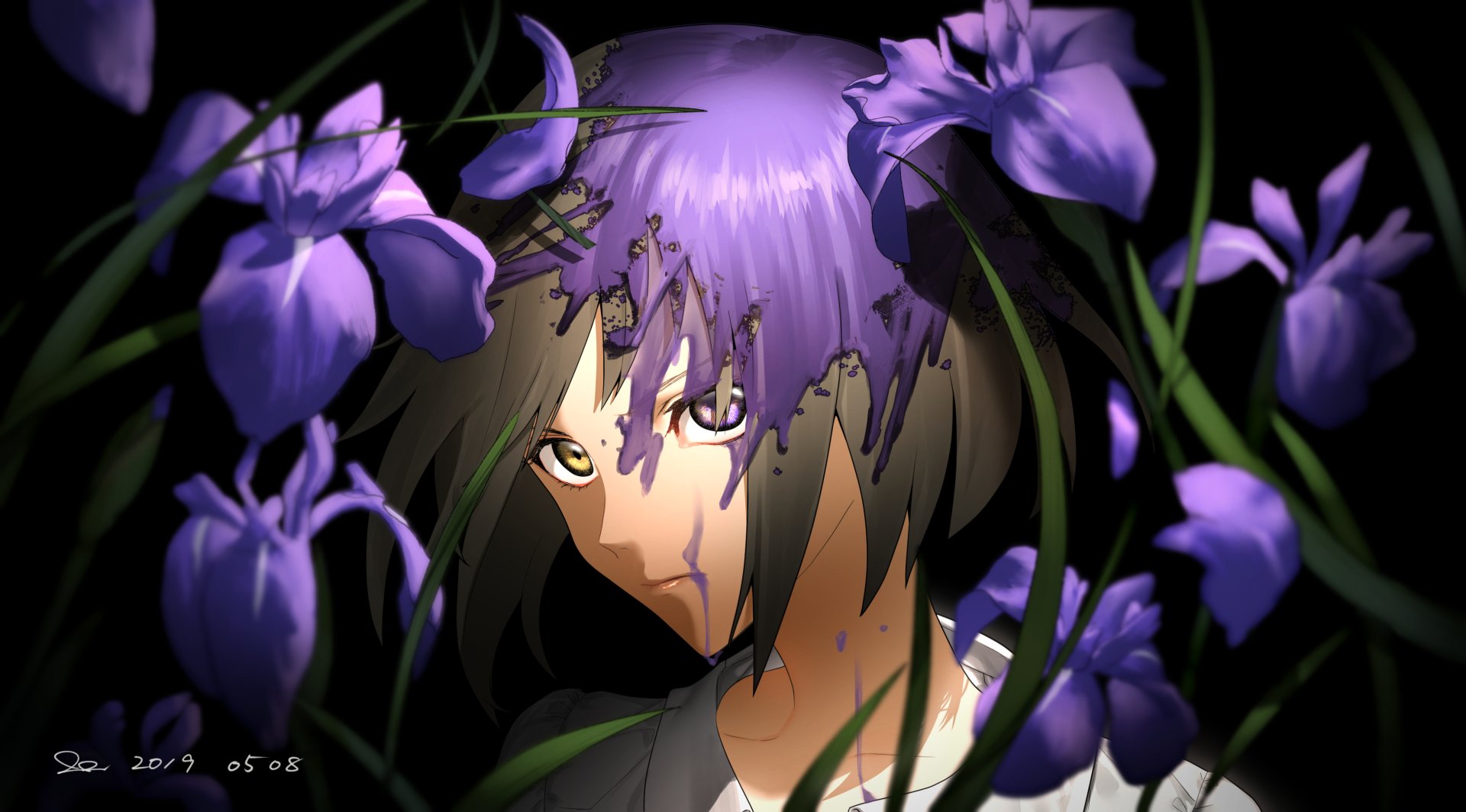 Anime-style portrait of a character with short brown and purple hair, heterochromia violet and yellow eyes, surrounded by vibrant purple flowers in HD quality.