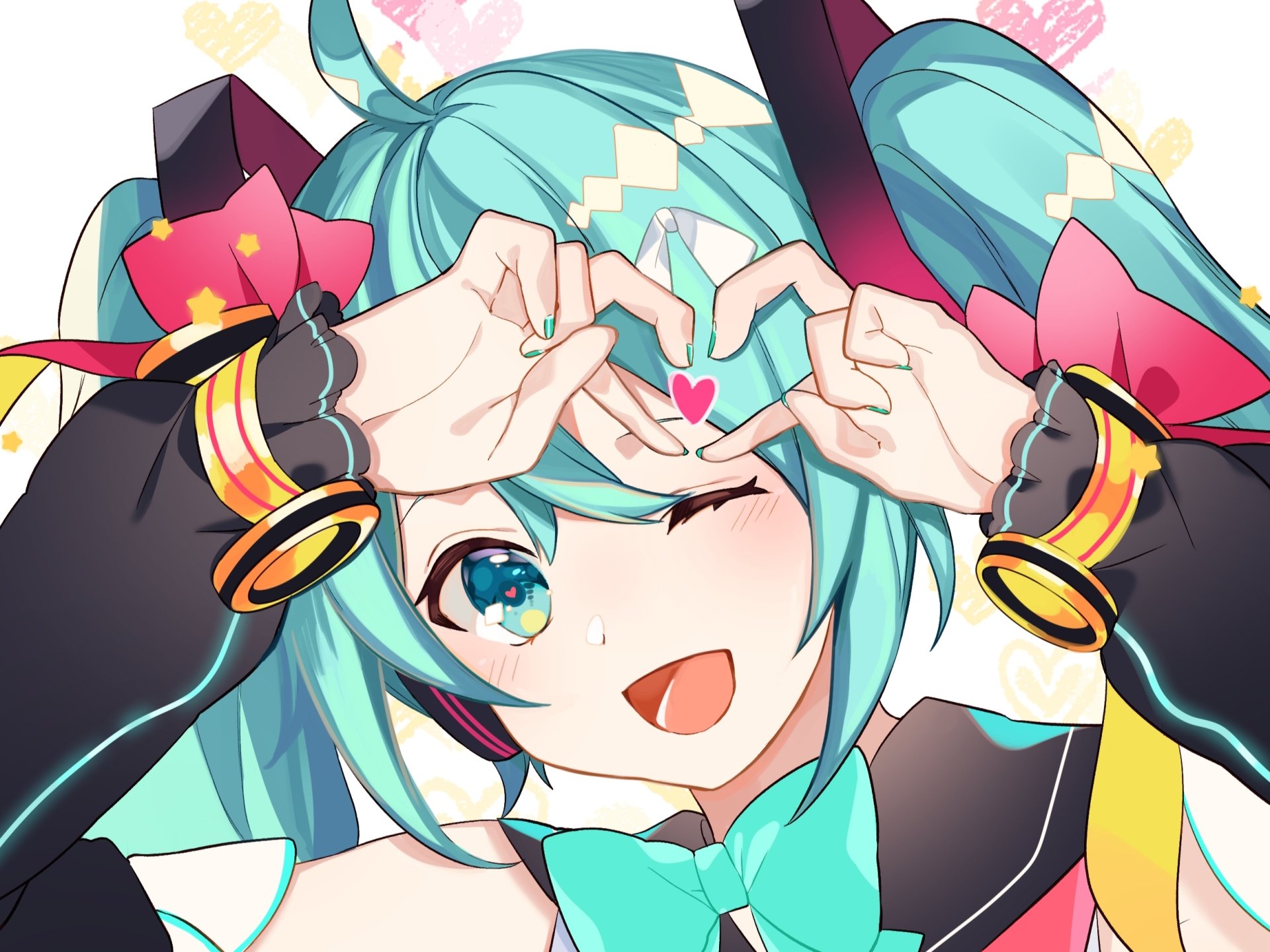 HD PC desktop wallpaper featuring Hatsune Miku from Vocaloid, depicted in vibrant anime style with teal hair and playful hand gesture forming a heart.