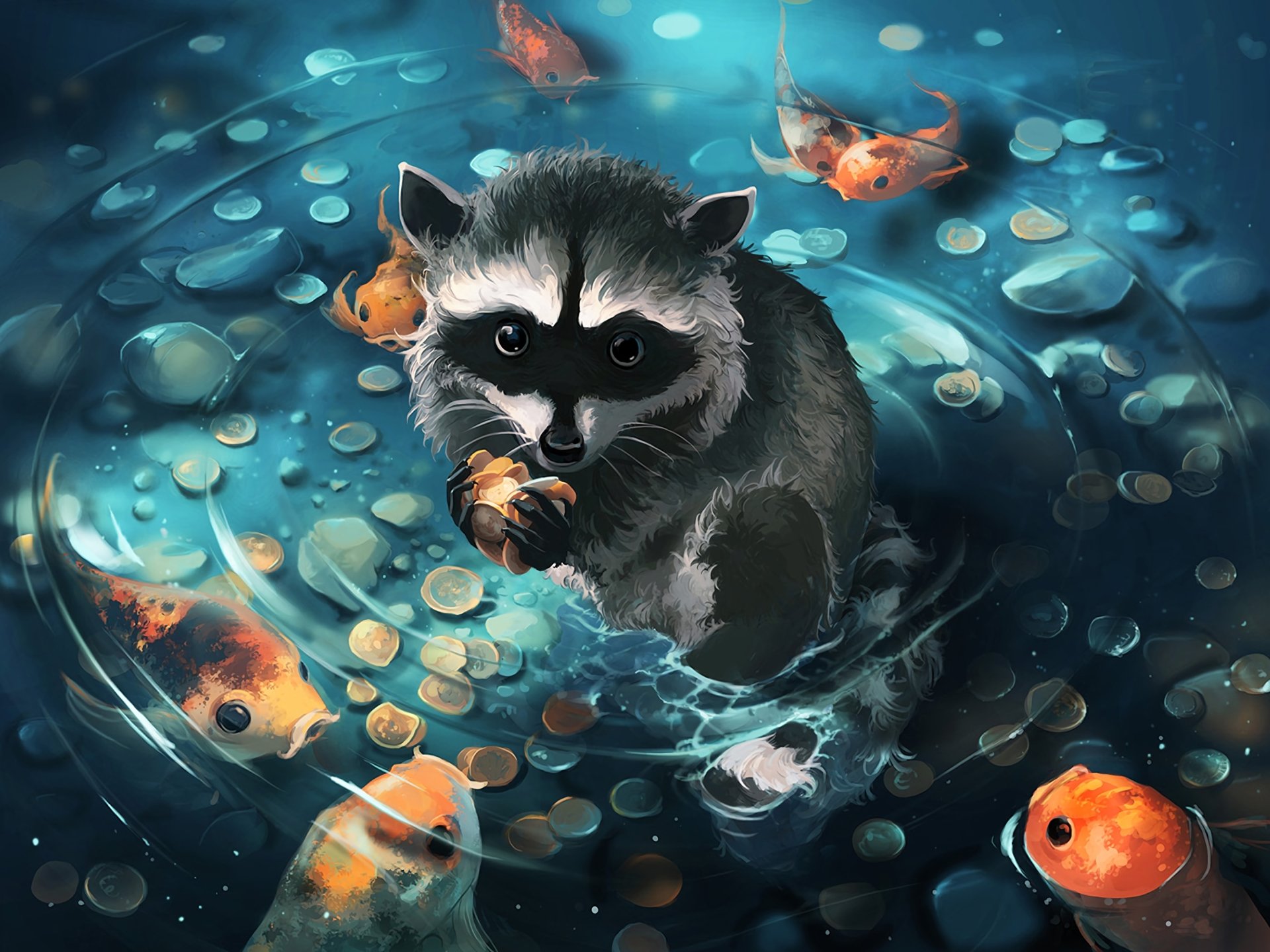 A fantasy HD desktop wallpaper featuring a raccoon surrounded by swimming fish and scattered coins in a mesmerizing blue-toned water scene.