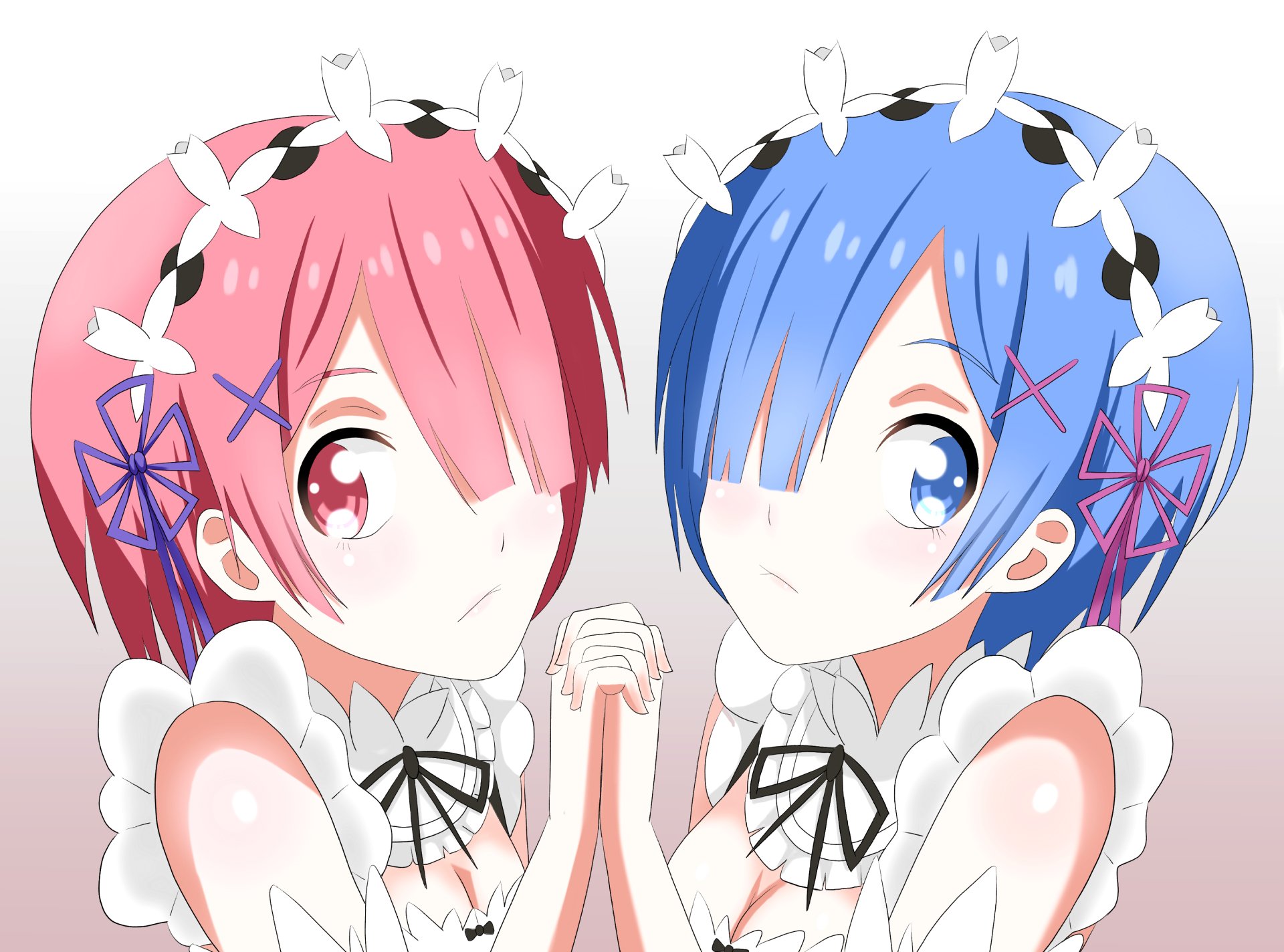 Ram (pink hair, pink eyes) and Rem (blue hair, blue eyes) from Re:Zero in matching maid outfits, holding hands and facing the viewer — 5K Ultra HD PC desktop wallpaper/background.
