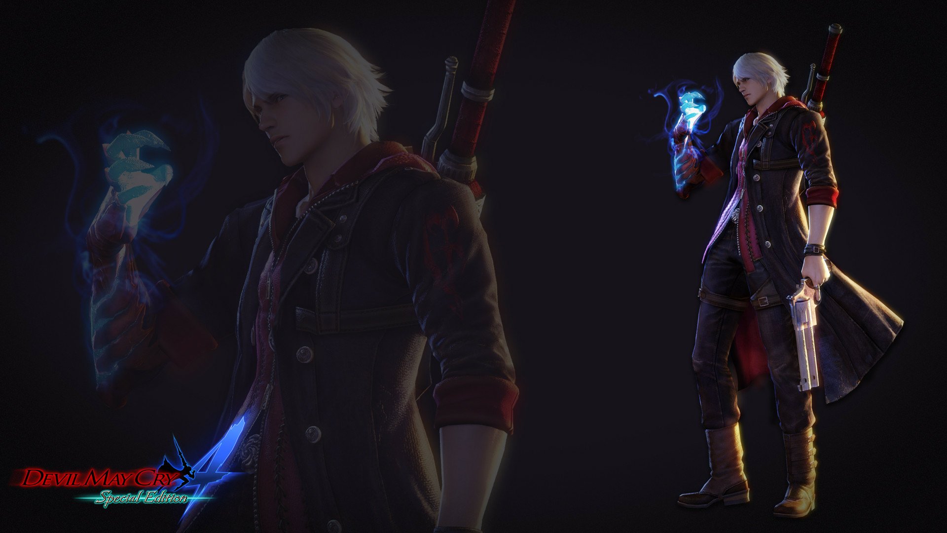 HD PC desktop wallpaper featuring Nero from Devil May Cry 4, showcasing his iconic look and spectral arm in a dark, stylized video game setting.
