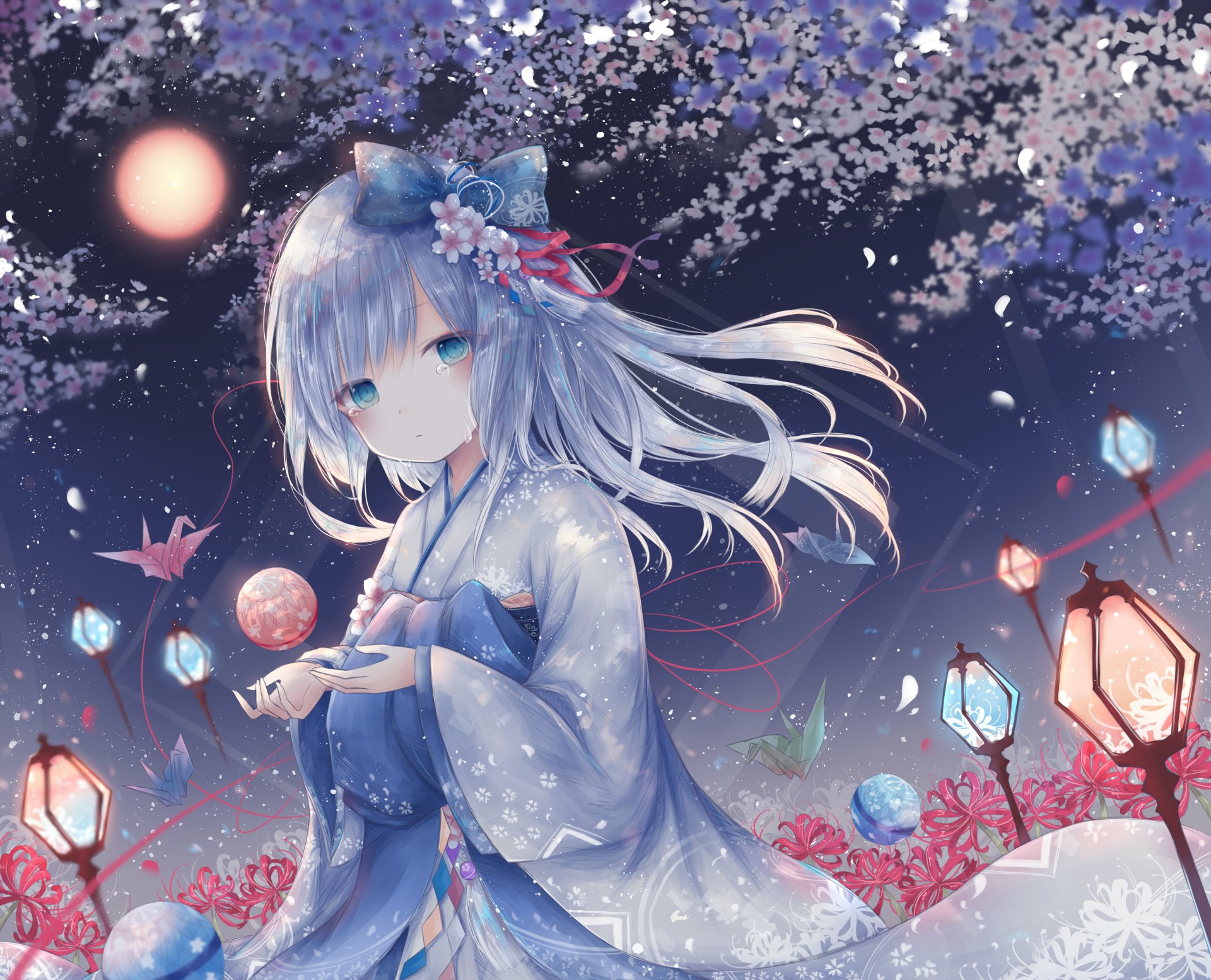 Anime girl with grey hair and blue eyes in a kimono, adorned with a bow, among origami cranes and lanterns under a moonlit cherry blossom sky. HD desktop wallpaper and background.