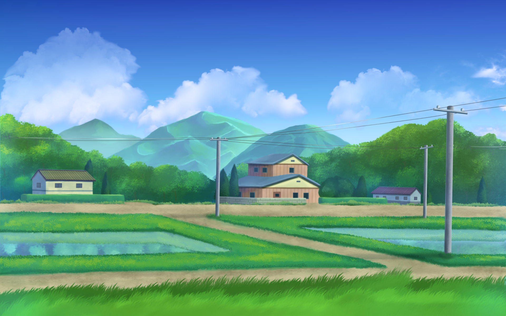 Download House Sky Cloud Water Building Greenery Mountain Anime Original Sky Anime HD Wallpaper by biako