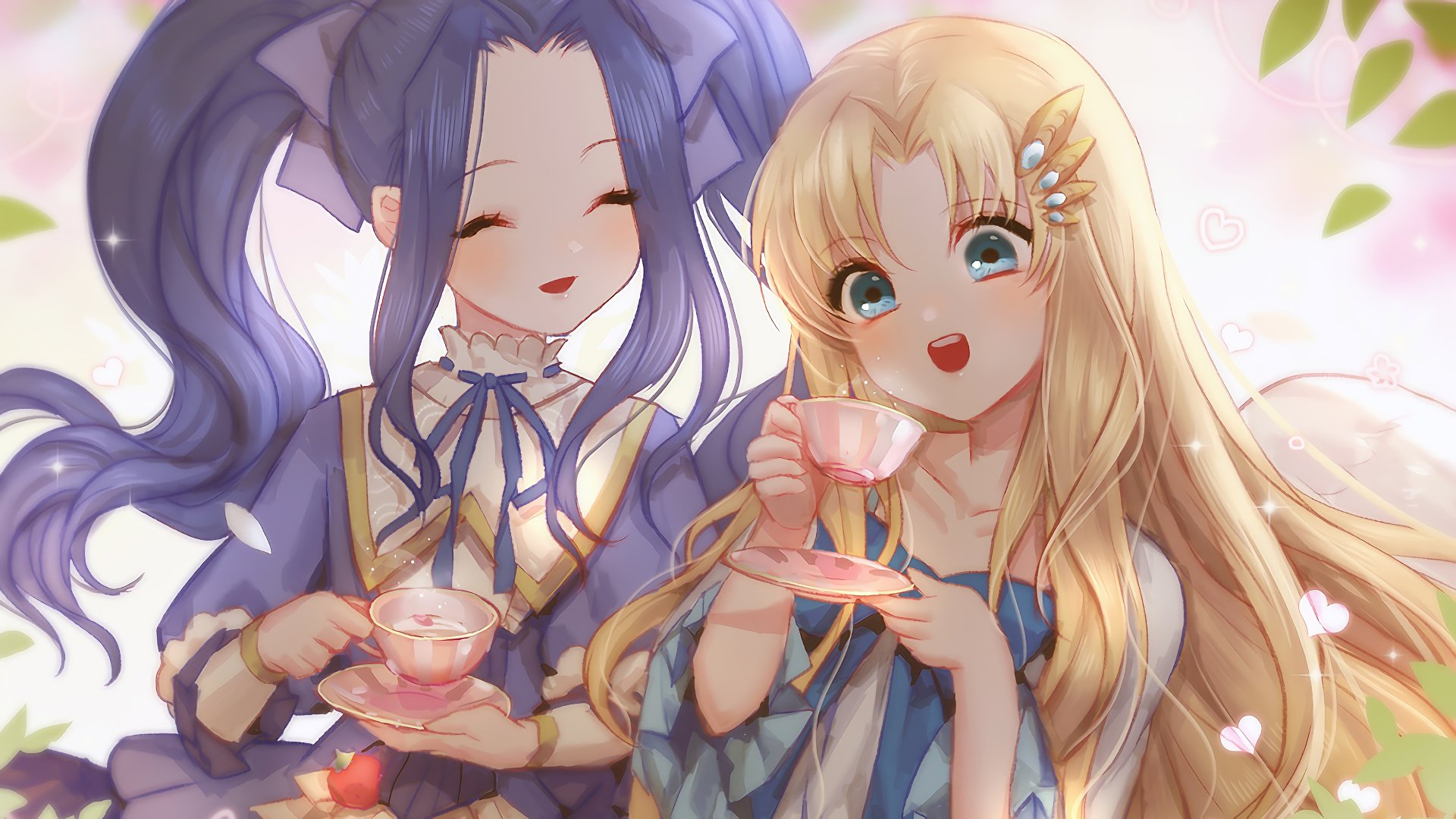 Anime wallpaper featuring Filo from The Rising of the Shield Hero with purple hair and blue eyes, alongside blonde Melty Q Melromarc, enjoying tea in a soft, bright setting.