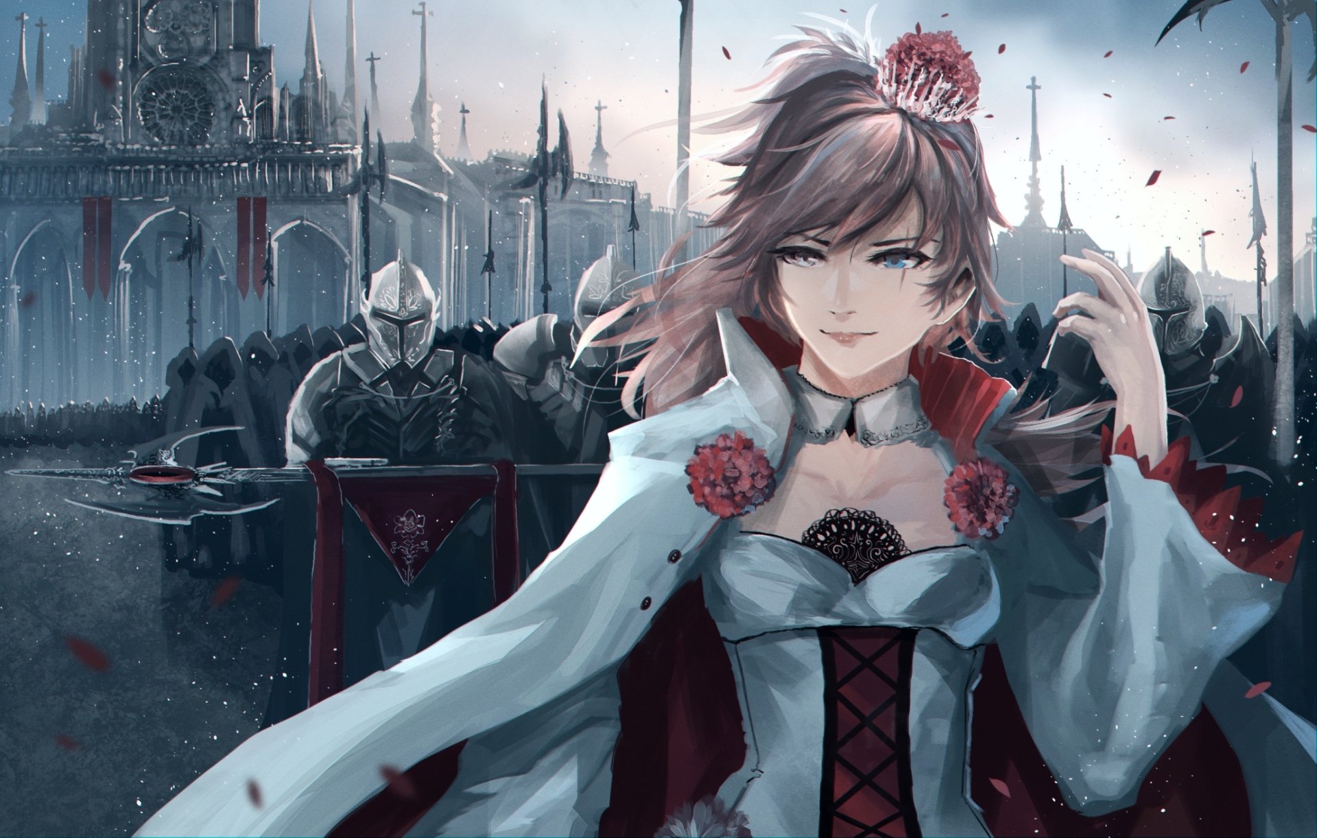 Weiss Schnee (RWBY) anime HD PC wallpaper: poised in a white gown before a frostbitten gothic castle and armored guards, snow and rose petals swirling around her.