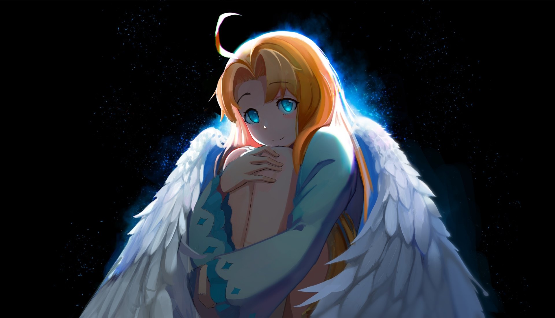 HD PC desktop wallpaper featuring Filo from the anime The Rising of The Shield Hero, depicted with glowing wings and a serene expression against a dark background.