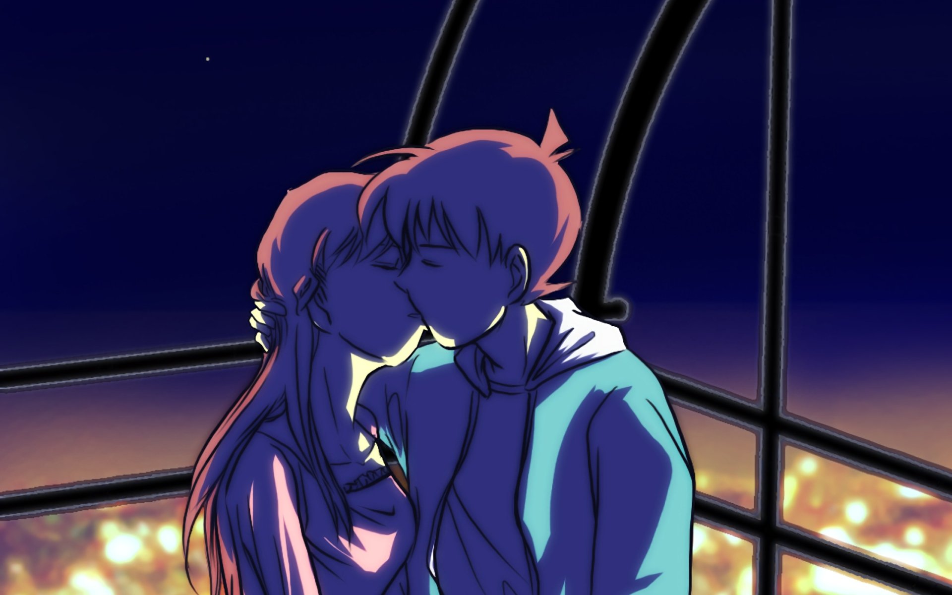 HD PC wallpaper: Ran Mouri and Shinichi Kudo share a tender kiss on a balcony at night, a romantic Detective Conan anime couple framed by glowing city lights.