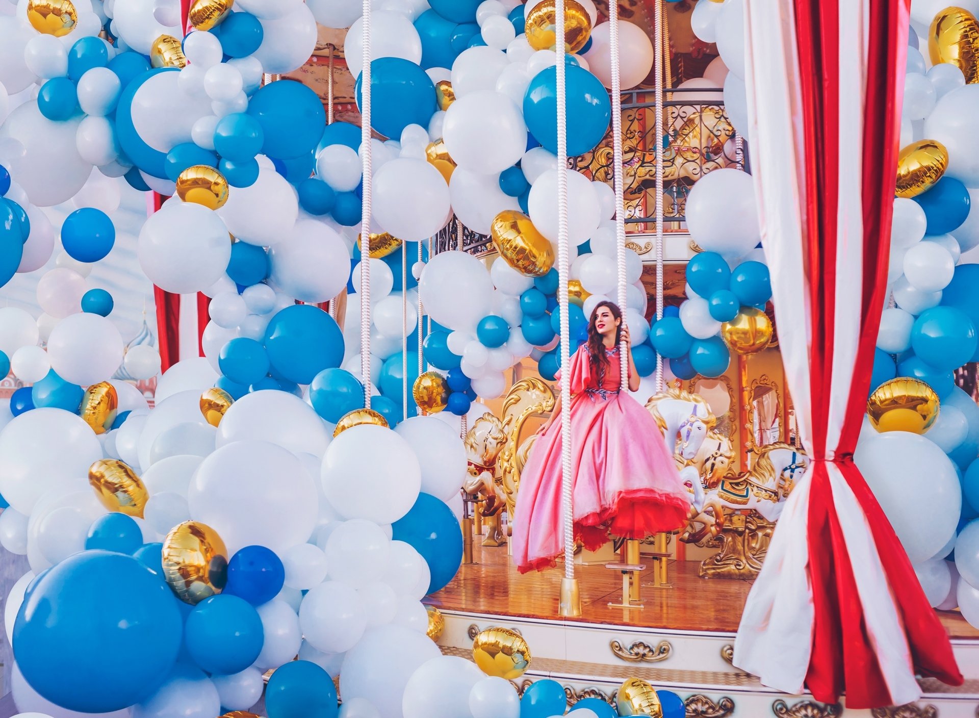 Download Pink Dress Brunette Dress Carousel Balloon Woman Model HD Wallpaper