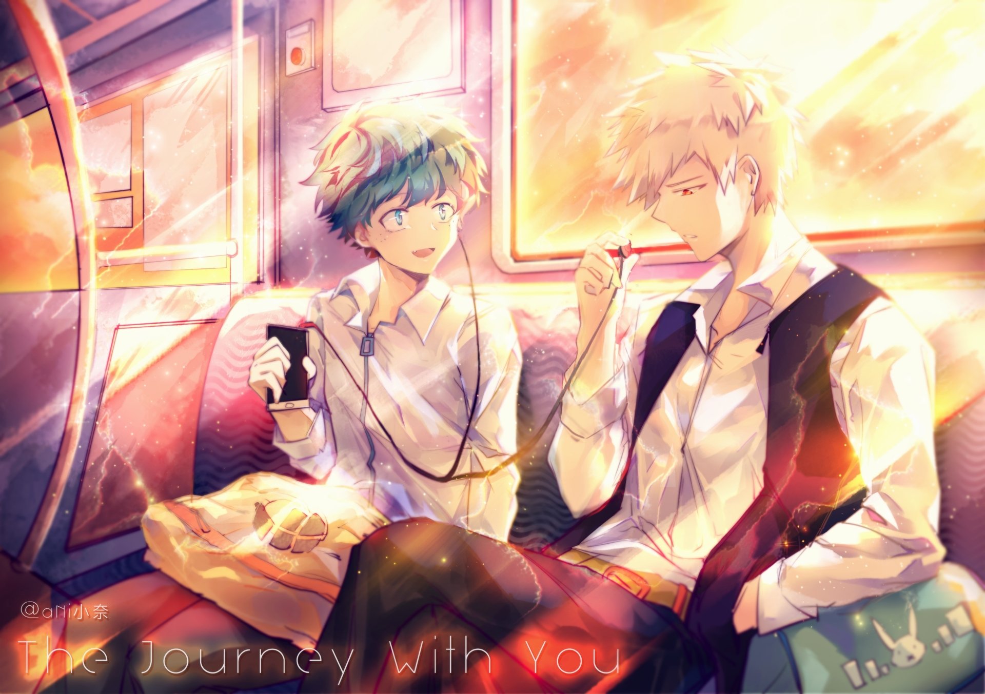 HD PC desktop wallpaper featuring Izuku Midoriya and Katsuki Bakugou from My Hero Academia in a warm, glowing anime-style scene.