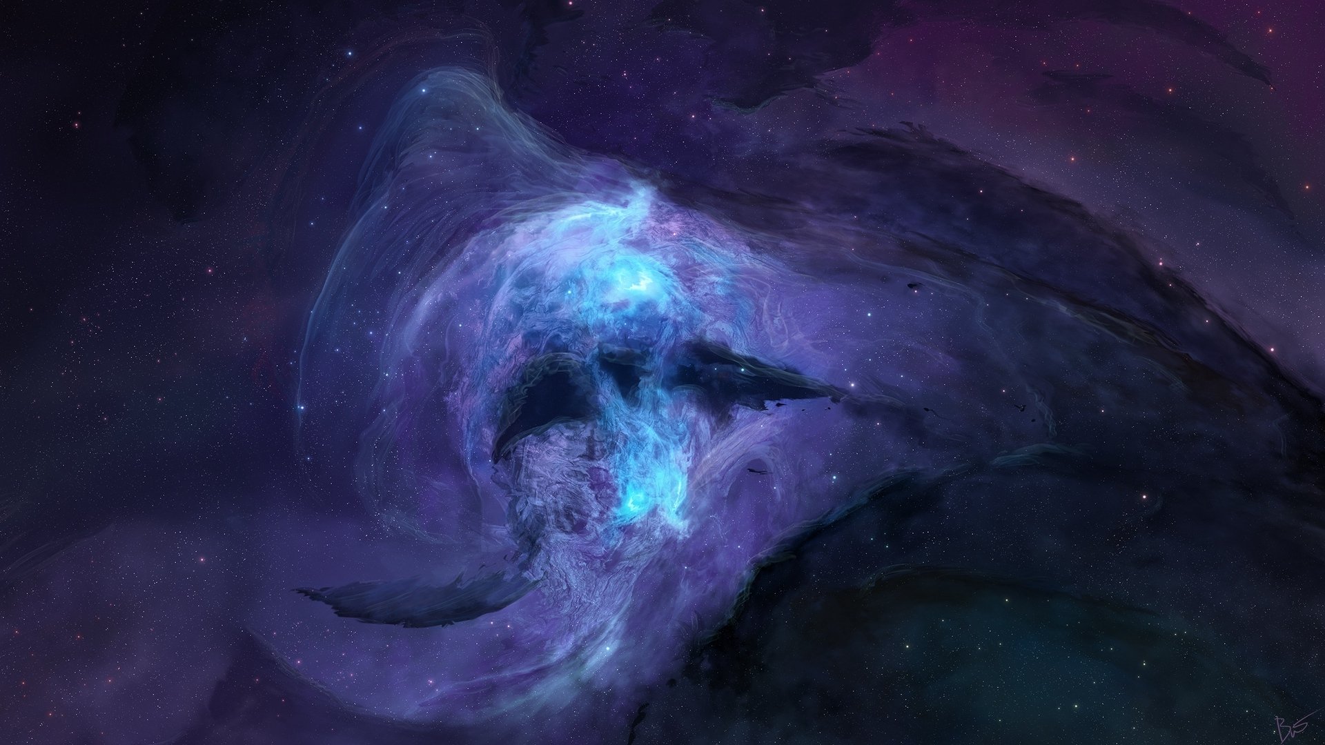 HD PC desktop wallpaper of a vibrant sci-fi nebula in deep space, featuring glowing blue and purple hues with stars scattered throughout the cosmic scene.