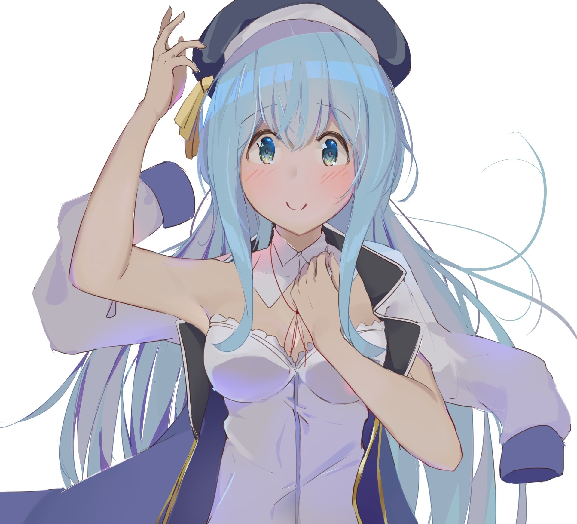 Sicily von Claude from Wise Man's Grandchild, anime portrait of a blushing blue‑haired girl in a white outfit with hands clasped; 4K Ultra HD PC desktop wallpaper/background.