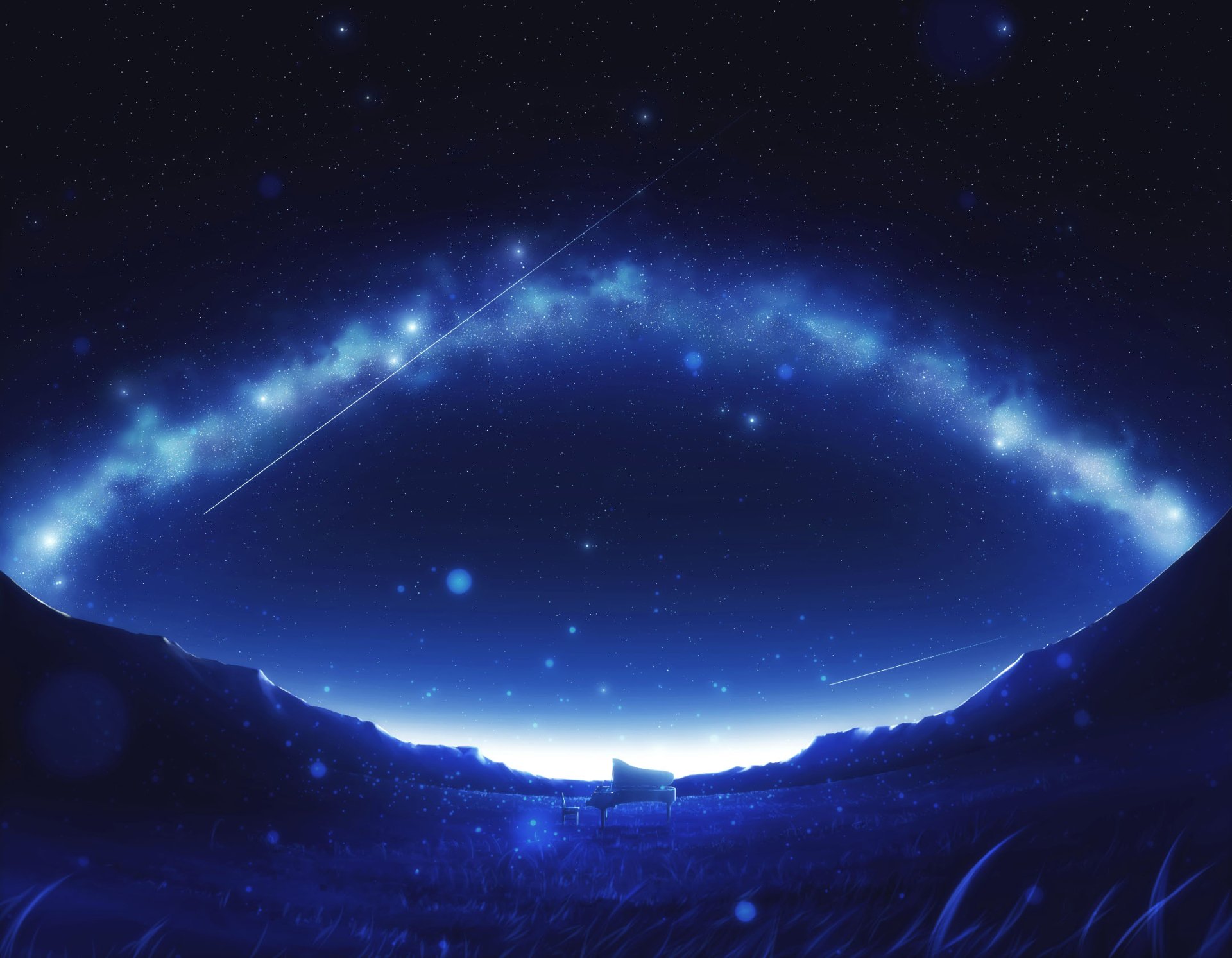 HD Anime desktop wallpaper featuring a serene night sky with a shooting star above a piano set in a tranquil landscape.