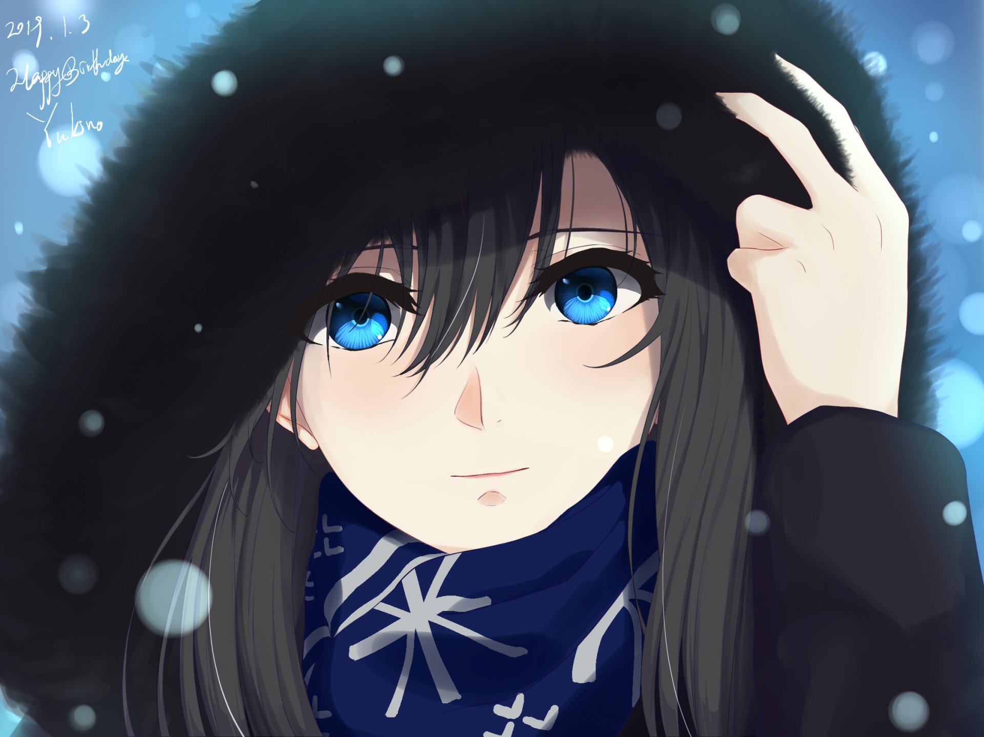 An HD desktop wallpaper of Yukino Yukinoshita from the anime My Teen Romantic Comedy SNAFU, featuring a close-up of her face, wearing a black hood and a blue scarf with snowflakes.