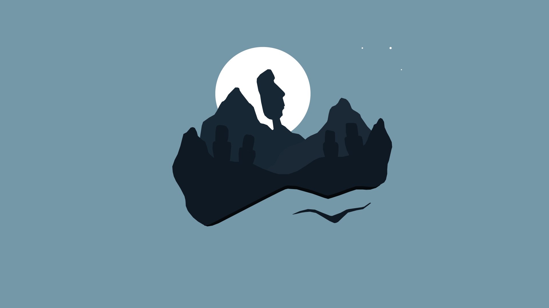 Minimalist artistic 8K Ultra HD wallpaper featuring a statue atop dark mountains with a glowing full moon in the background against a muted blue sky.