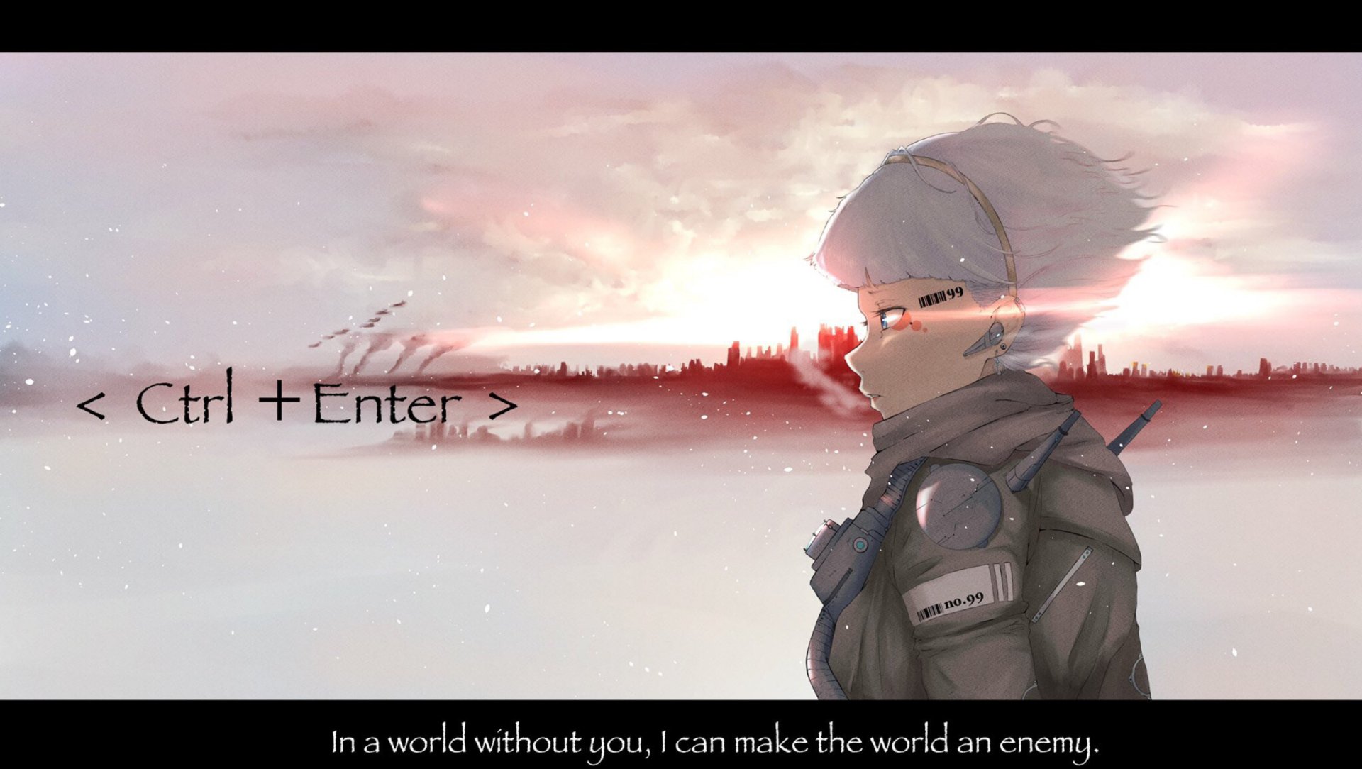 Anime-style original HD desktop wallpaper featuring a pensive character in a futuristic outfit against a soft, glowing sunset cityscape background.