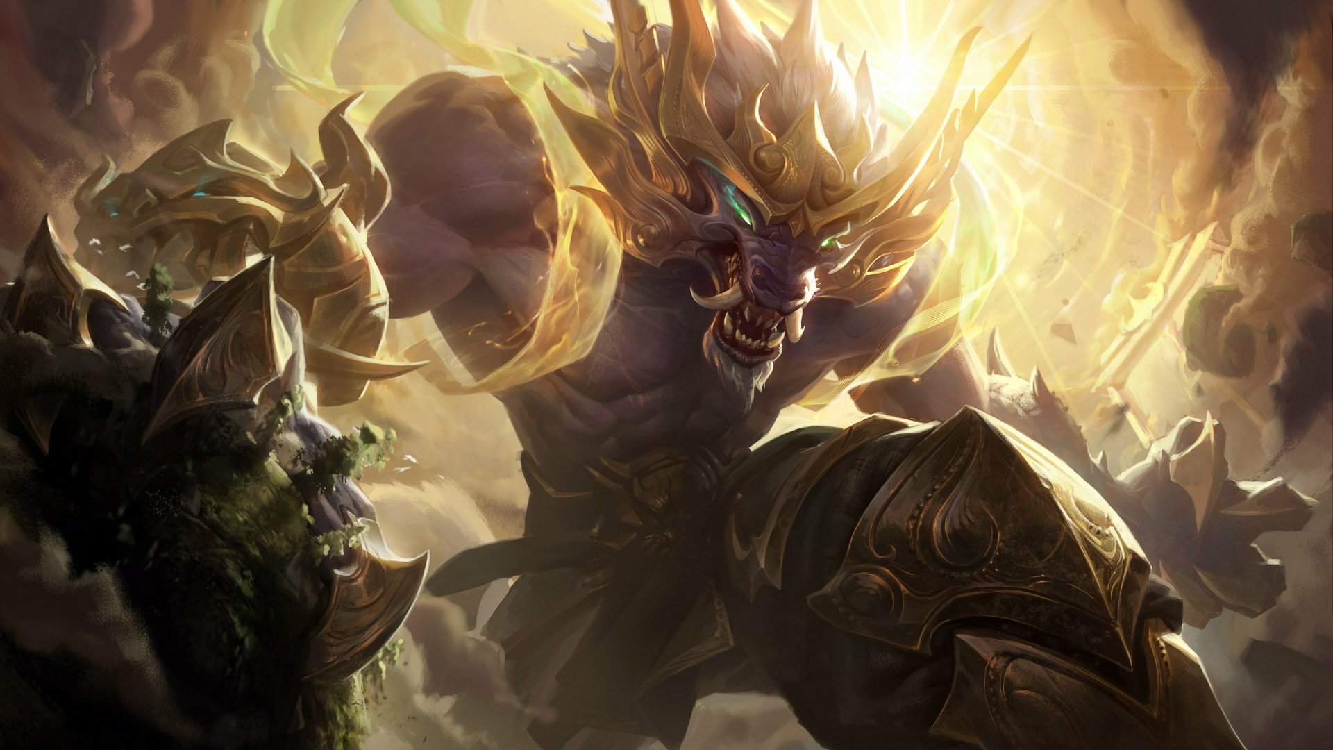 HD PC desktop wallpaper featuring Warwick, a fierce character from the video game League of Legends, depicted in dynamic, intense action with glowing, fiery effects.