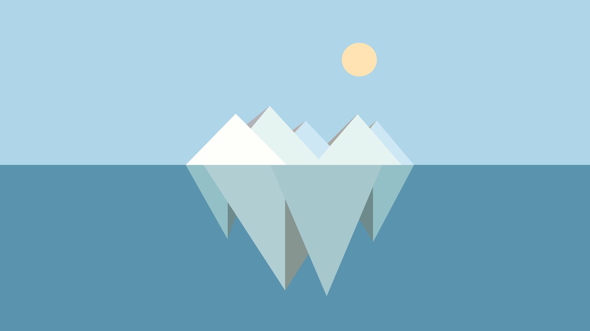 Minimalist artistic 8K Ultra HD wallpaper depicting a serene iceberg floating in calm water beneath a soft sun.