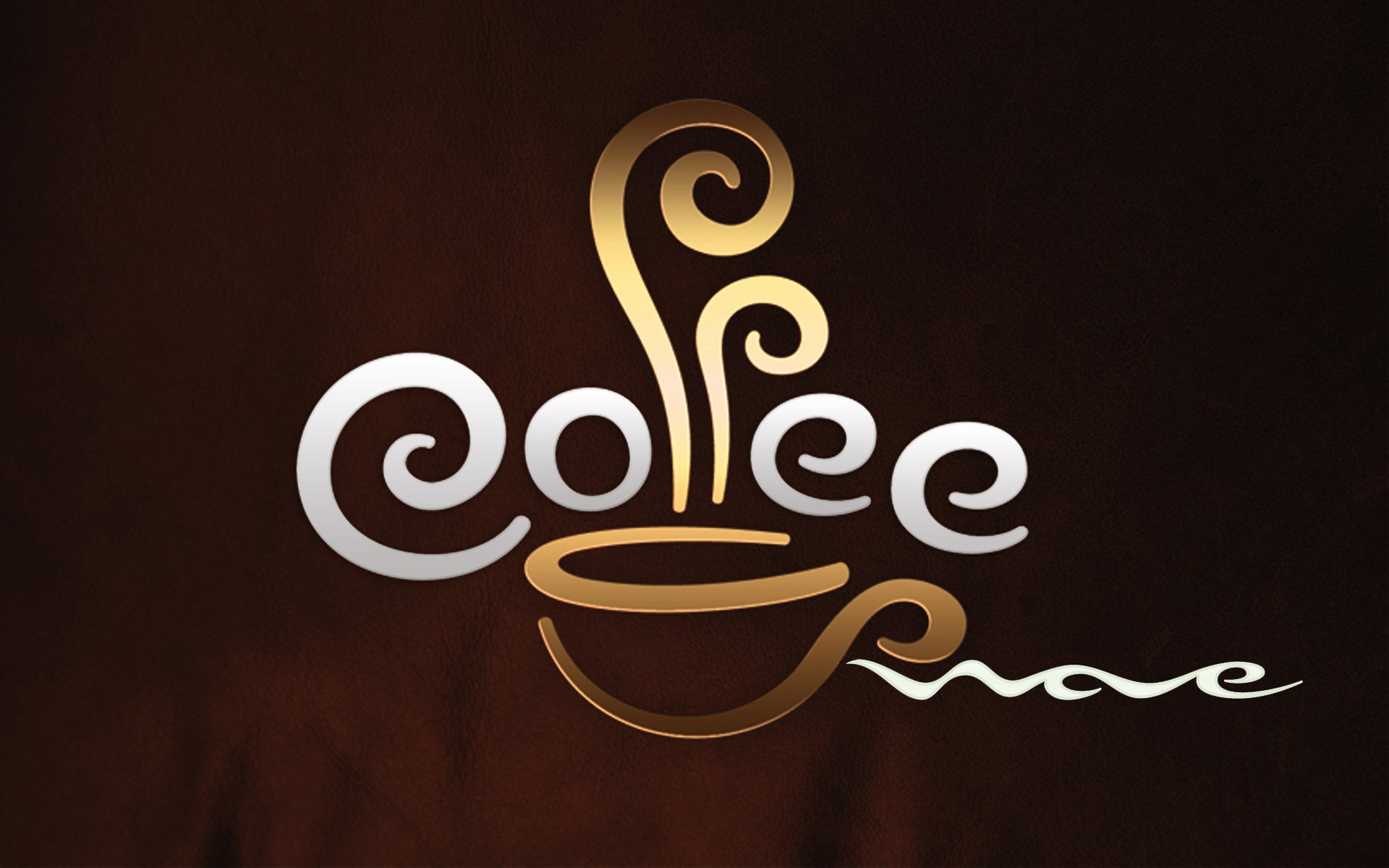 HD PC desktop wallpaper featuring a stylized coffee cup with steam forming the word coffee on a dark brown background.