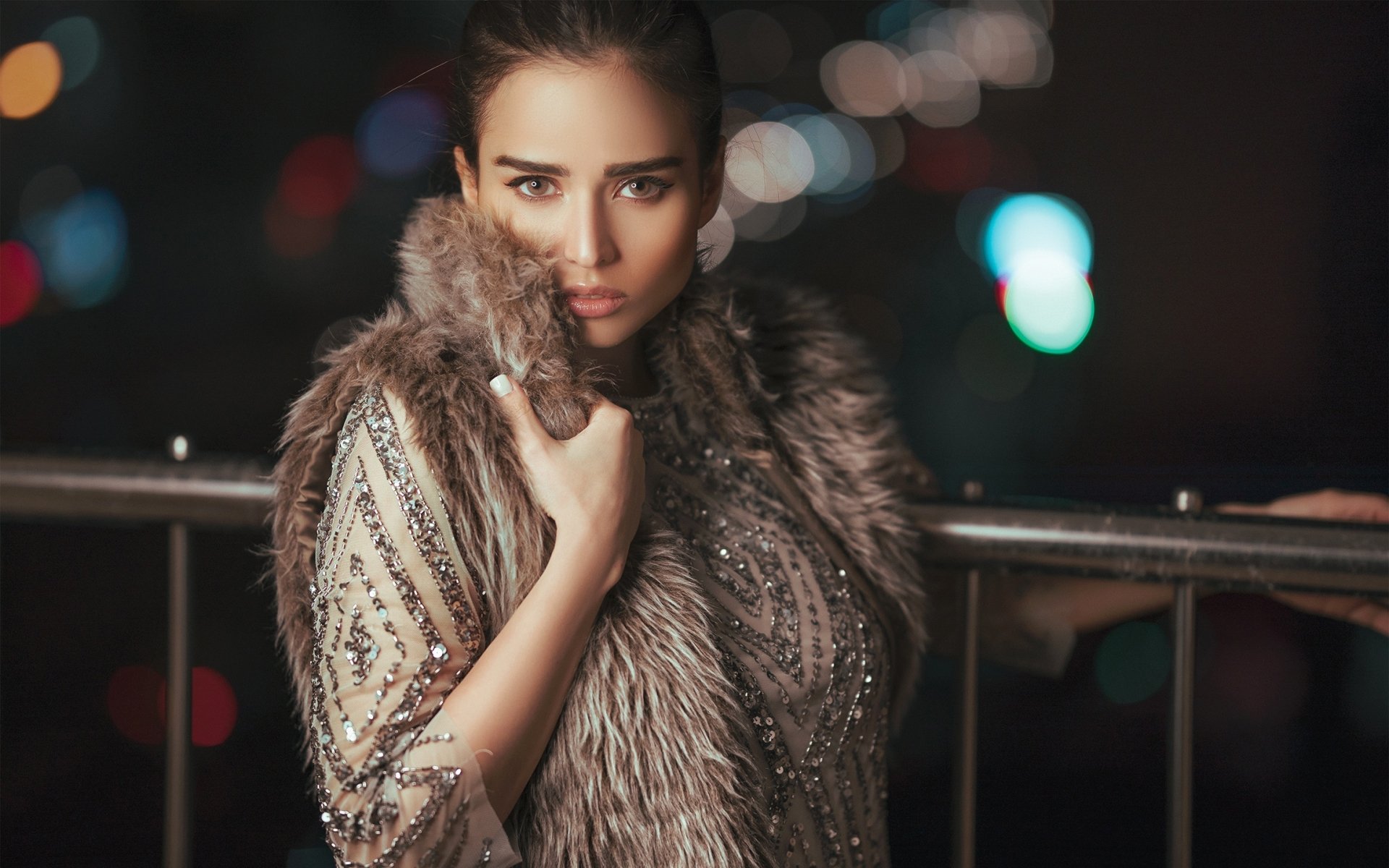 Download Fur Brunette Bokeh Woman Model HD Wallpaper