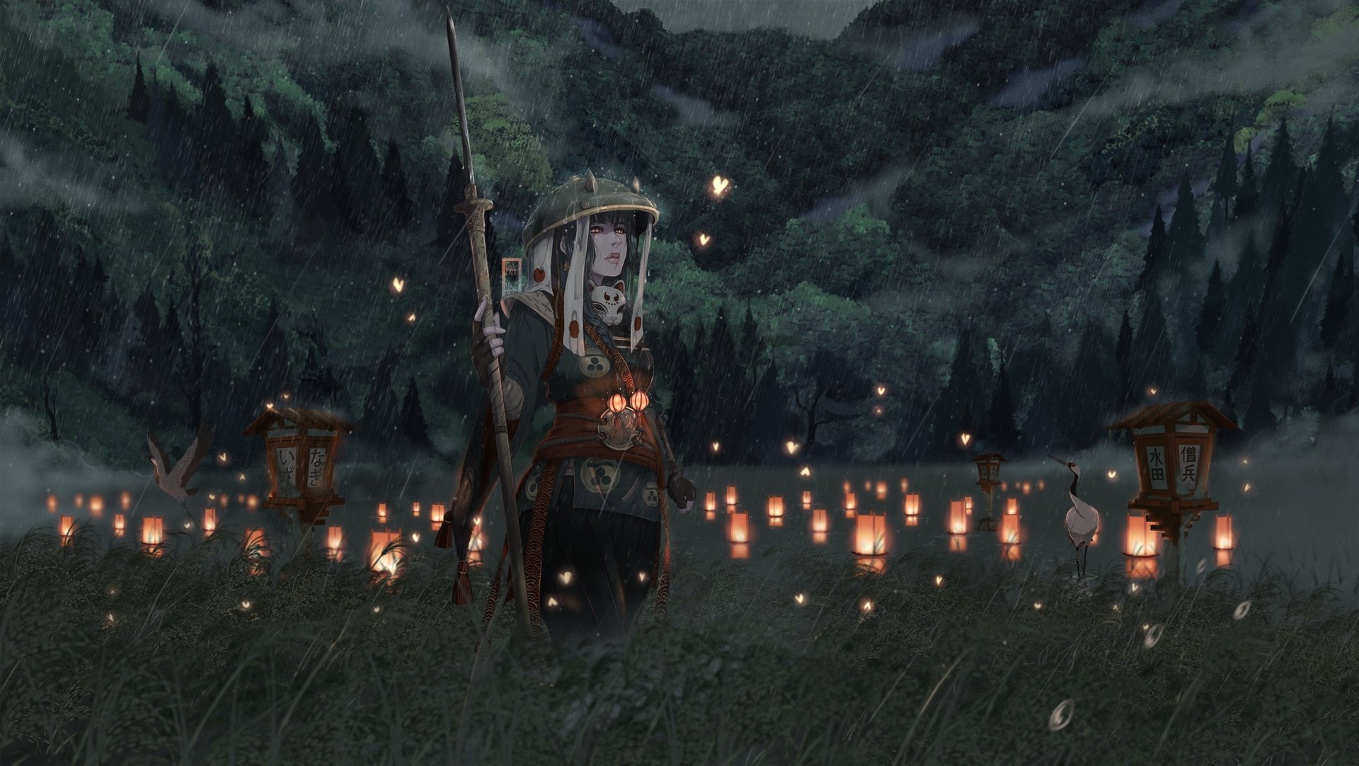 HD wallpaper of a fantasy woman warrior wearing a hat and holding a lantern, set against a rain-drenched oriental landscape with illuminated lanterns and mountains in the background.