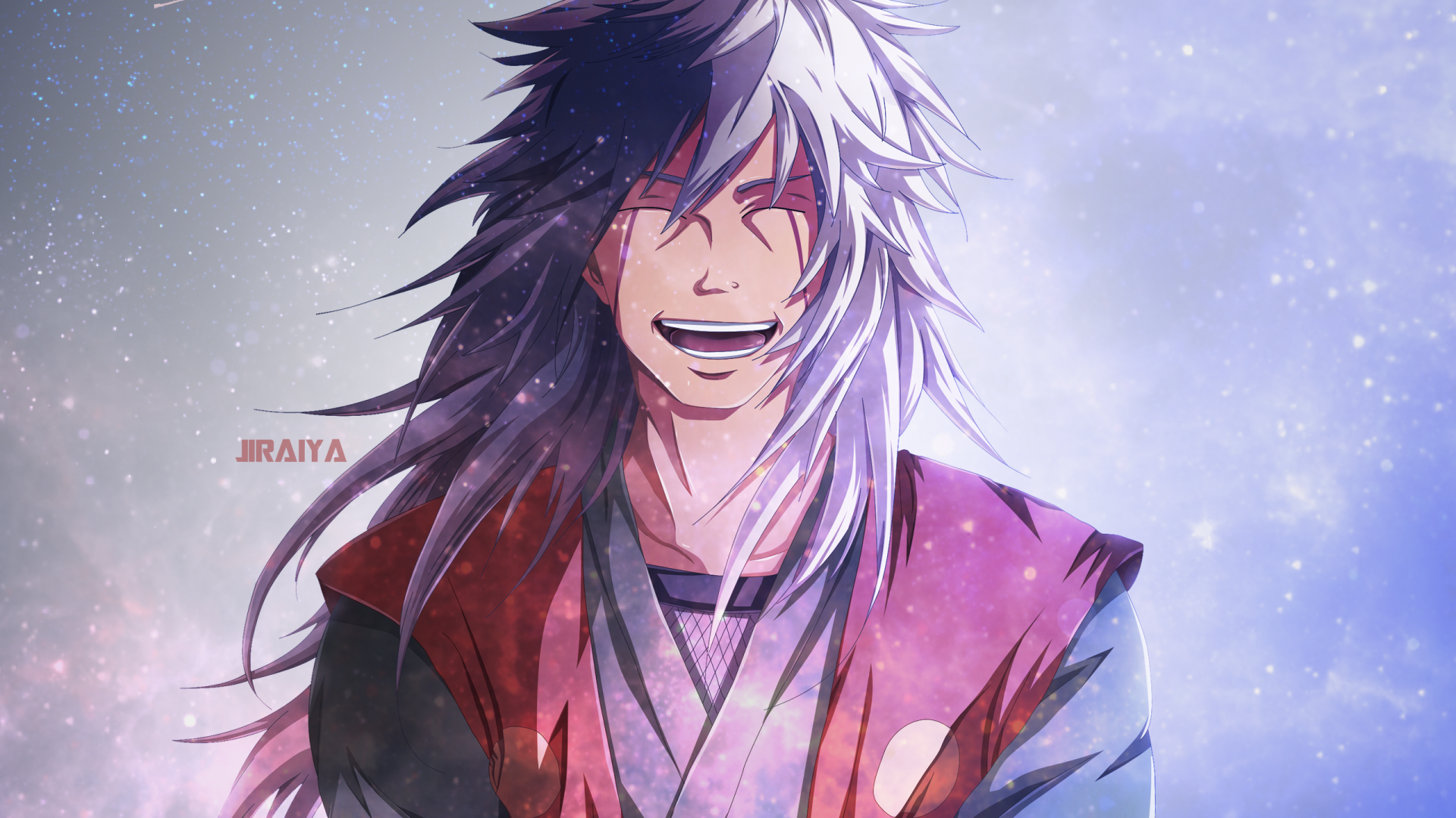 HD anime desktop wallpaper featuring Jiraiya from Naruto, showcasing him smiling warmly against a softly glowing, snowy background.
