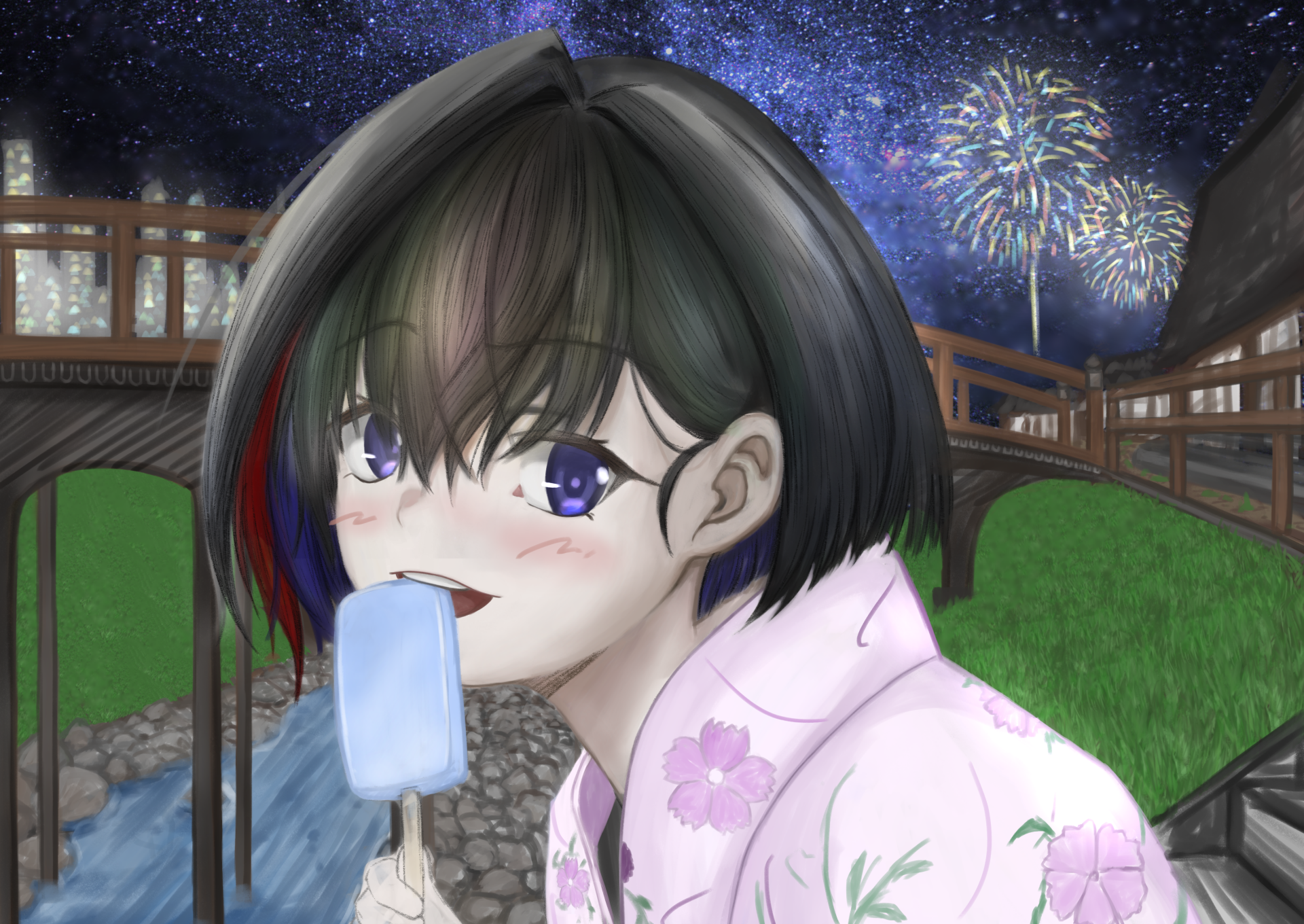 Download Blue Eyes Black Hair Yukata Fireworks Anime Original HD Wallpaper by Nato