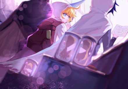HD PC desktop wallpaper: anime scene of Emma and Ray from The Promised Neverland, Emma glancing back in a purple-lit room with stacked cups, open books, and soft bokeh lighting.