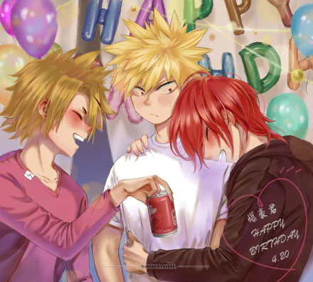 HD anime desktop wallpaper featuring Katsuki Bakugou, Eijiro Kirishima, and Denki Kaminari from My Hero Academia celebrating together.