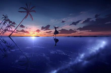 An anime-style HD wallpaper featuring a tranquil sunset over the sea, with palm trees silhouetted against the colorful sky and a solitary figure standing on the water.