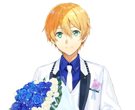 Eugeo from Sword Art Online: Alicization with green eyes and blonde hair, holding a bouquet of blue and white flowers in an HD anime desktop wallpaper.