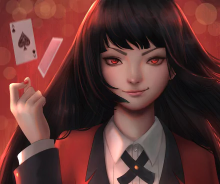 Yumeko Jabami from Kakegurui smirks with red eyes, flicking a playing card — anime 2K Quad HD PC desktop wallpaper/background.