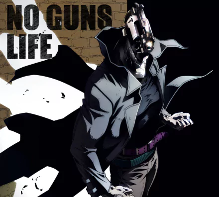 HD PC wallpaper of a gun-headed cyborg from the anime No Guns Life, wearing a trench coat and flowing cape, posed dramatically against a weathered brick wall.