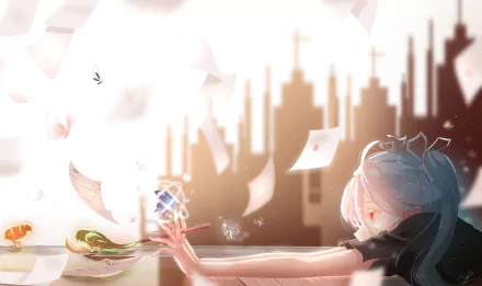 HD PC desktop wallpaper featuring Hatsune Miku from Vocaloid in an anime style, reaching out with papers floating around against a cityscape background.