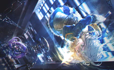 4K Ultra HD anime wallpaper featuring Saber (Artoria Pendragon) and Rider (Medusa) from Fate/Stay Night: Unlimited Blade Works in a dynamic, luminous scene.