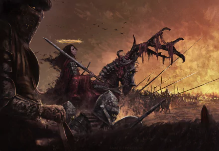 HD desktop wallpaper featuring a fantasy warrior in armor, wielding a lance, and riding a deer-like mount in a battlefield. A woman in a crown and an army in the background evoke a Joan of Arc theme.