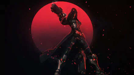Genderbent female Reaper from Overwatch: armored woman warrior wielding dual shotguns, silhouetted against a blood-red moon — 4K Ultra HD PC desktop wallpaper