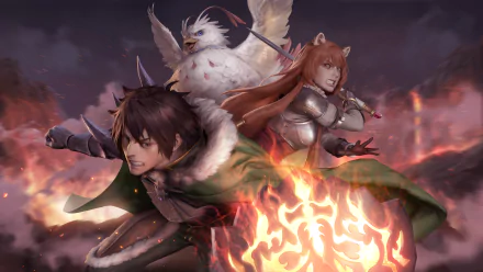 HD desktop wallpaper featuring Naofumi Iwatani, Raphtalia, and Filo from The Rising of the Shield Hero in an epic battle stance, surrounded by flames, with Filo transformed as a powerful bird.