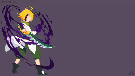 Anime 8K Ultra HD PC desktop wallpaper of Meliodas (The Seven Deadly Sins): blonde swordsman in green outfit swinging a curved blade with dark aura against a purple background.